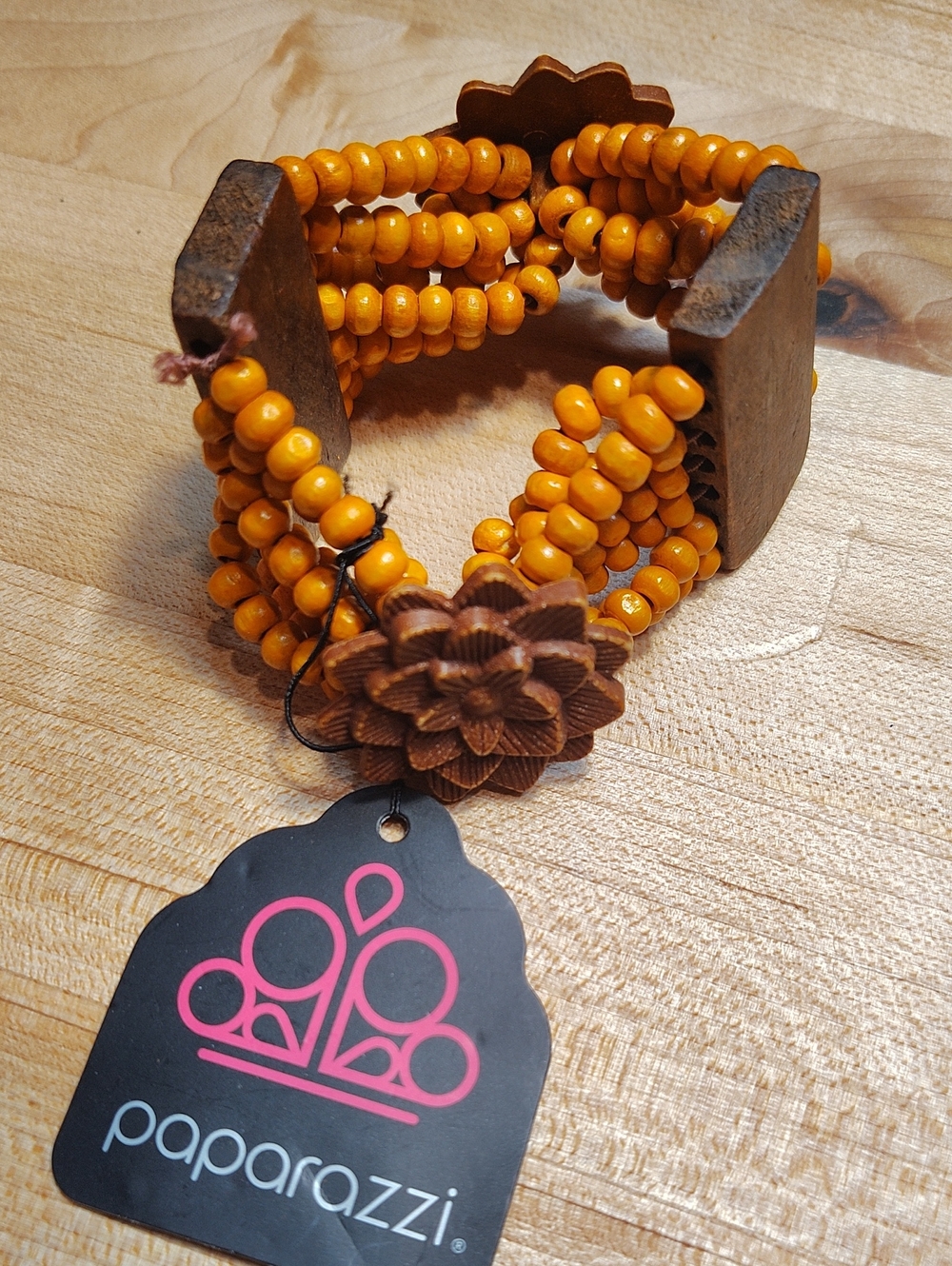 paparazzi Golden Orange Wooden Beaded Floral Bracelet